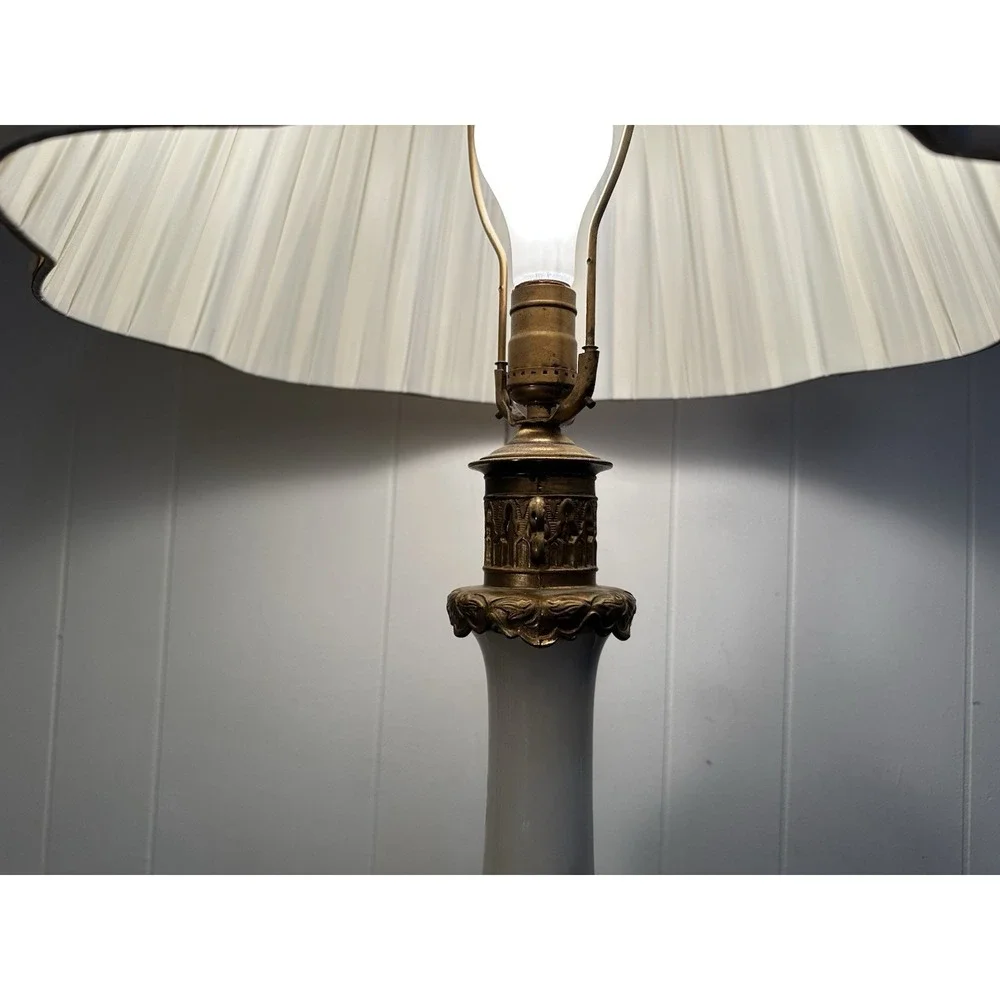 Vintage Tyndale China Table Lamp White Porcelain Brass Tone Ornate Handles Pleat